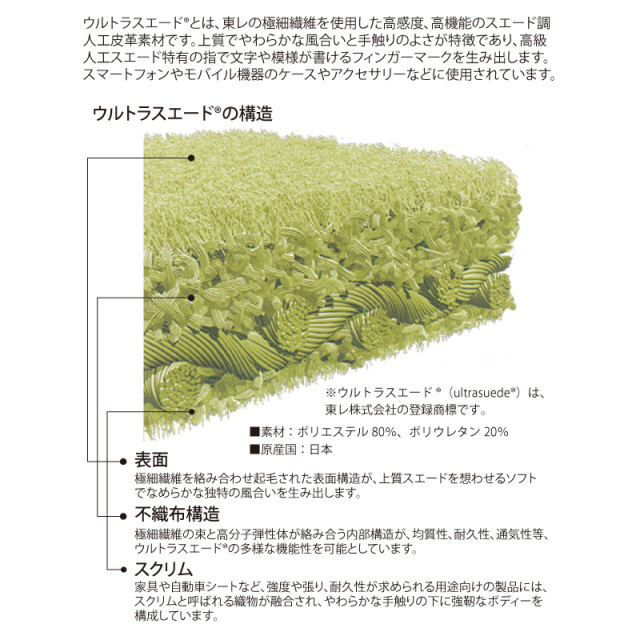 ウルトラスエードとは、東レの極細繊維を使用した高感度、高機能のスエード調人工皮革素材です。
